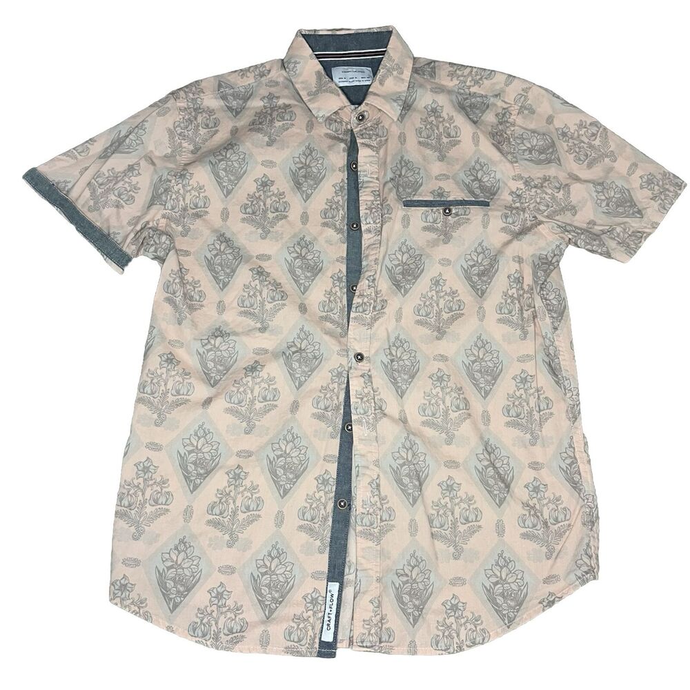 Craft + Flow Button Up Shirt Men's Medium Short Sleeve Floral Pink Cotton NWOT